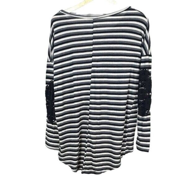 2/$15 Sage Womens Loose Fit Top Gray XL Hi Low Elbow Crochet Unstructured Stripe - Picture 5 of 6